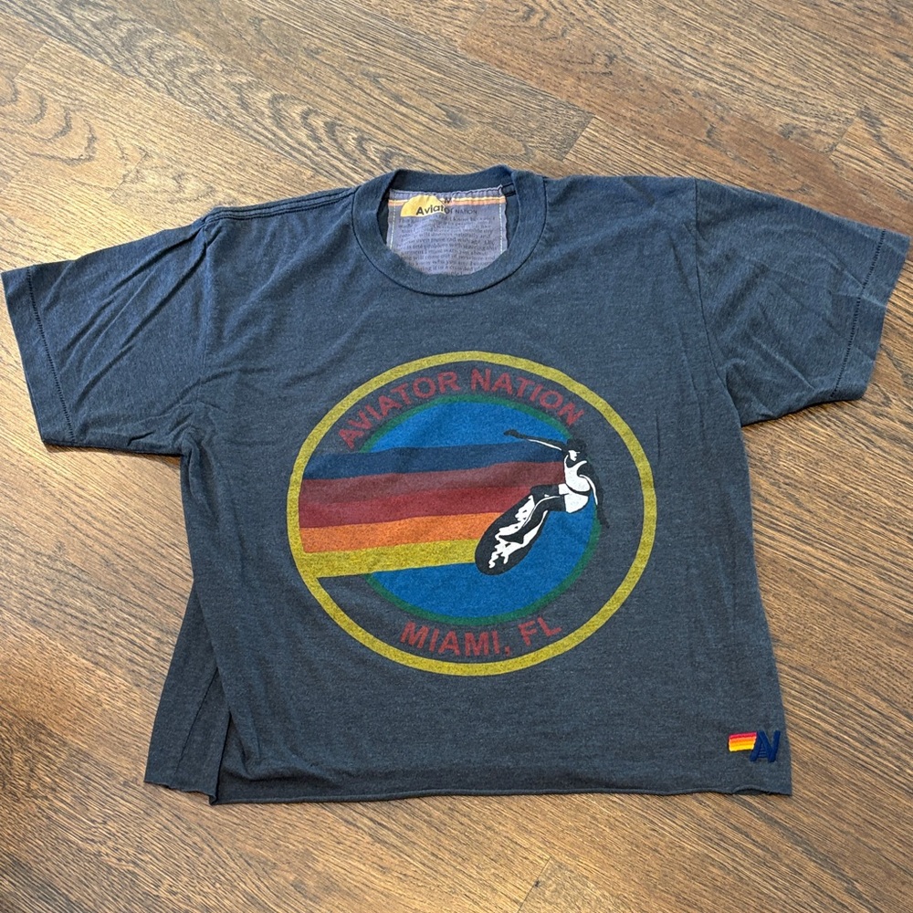 Aviator Nation Charcoal Tee with Miami Rainbow Graphic